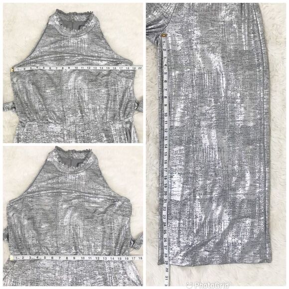 VINCE CAMUTO Metallic Silver Sleeveless Jumpsuit Mock Neck Wide Leg Size 12 - Picture 10 of 11